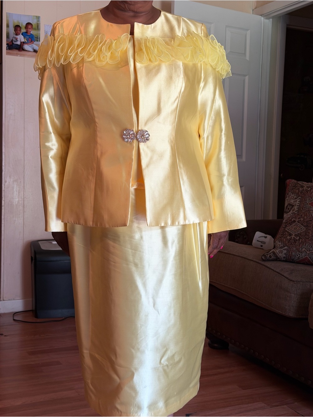 Yellow Satin Three-Piece Dress Suit with Decorative Trim